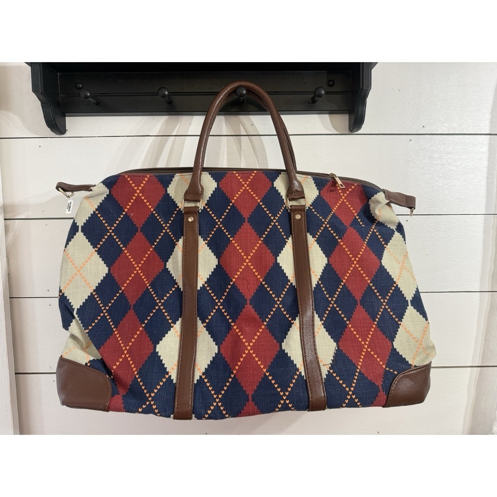 LULU DHARMA Stewart Blue Red Argyle Vegan‎ Leather Duffel Handbag NEW